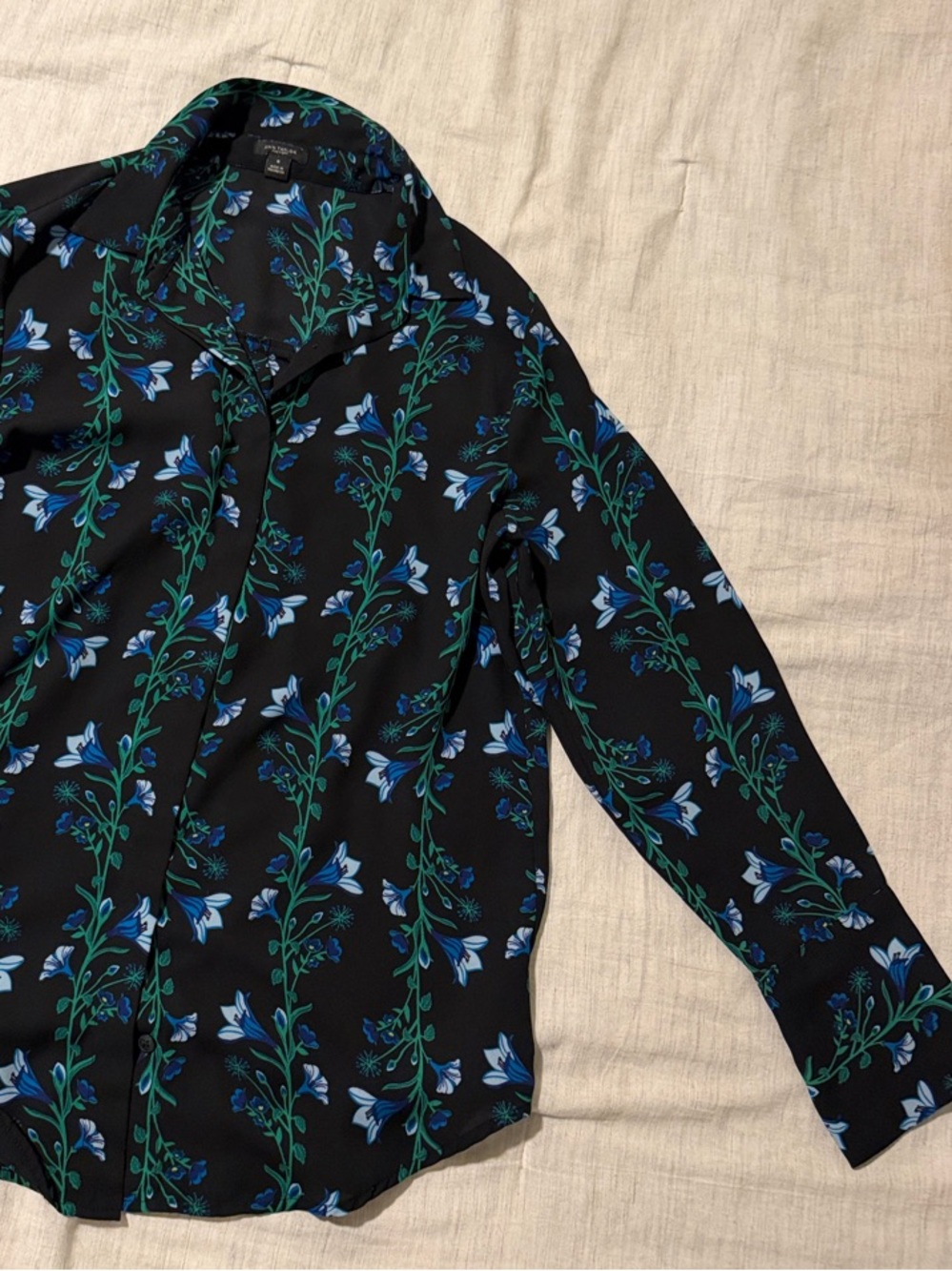 Ann Taylor Factory Black Floral Button-Front Blouse with Blue & Green Blooms
